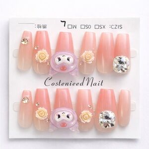 Pink Ombré Kawaii Press-On Nails | Coffin | Charm Accent